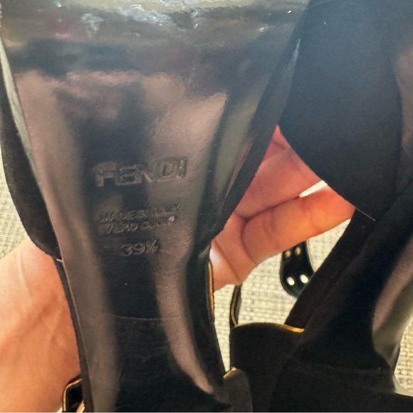 FENDI Black Suede Gold Trim Grommet Peep Toe Platform Heeled Sandals - Picture 8 of 9